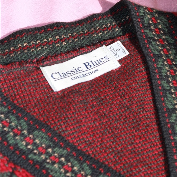 VTG 90s Red/Black Nordic Style Holiday Button-Up Cardigan Sweater Size Small - Picture 7 of 10